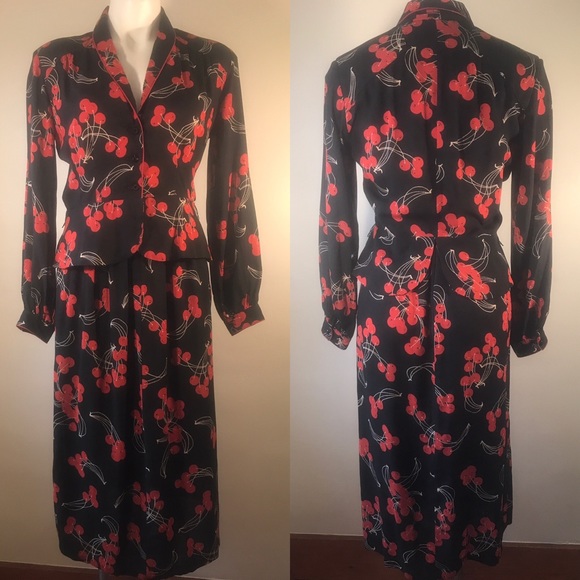 Vintage Dresses & Skirts - Vintage Plain Jane Cherries Skirt and Top Set, Red and Black, 1970s Does 1940s
